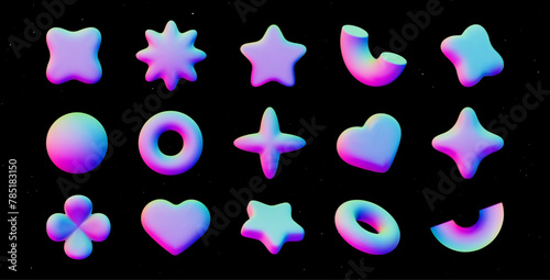 Set of 3D inflated geometric shapes, holographic elements for Y2K style design. Vector 3D rendered shapes in retro futurism aesthetics.