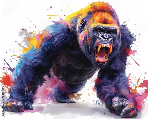 Watercolor illustration captures a wild gorilla in mid-roar, its charge imbued with primal energy and a spectrum of explosive colors photo