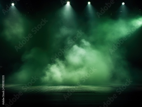 Green stage background, green spotlight light effects, dark atmosphere, smoke and mist, simple stage background, stage lighting, spotlights