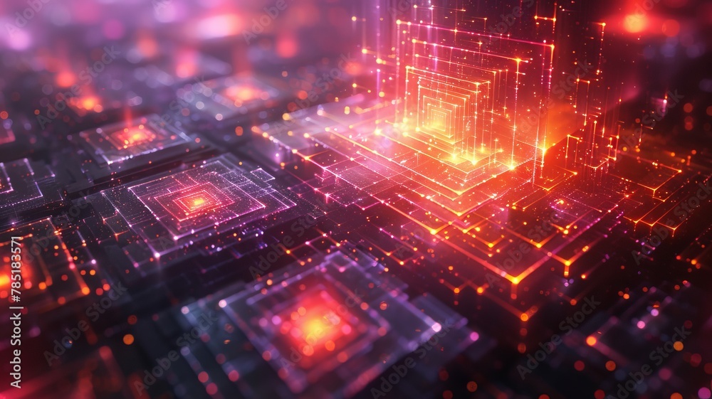 A high-tech quantum computer core visualized with spinning holographic qubits and entanglement links, showcasing advanced computing power A high-tech quantum computer core visualized with spinning holographic qubits and entanglement links, showcasing advanced computing power