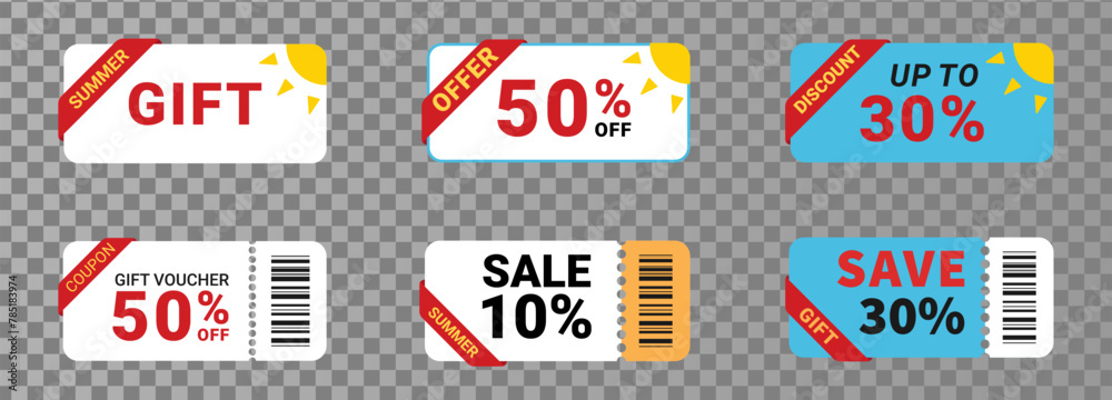 Coupon promotion ticket set of summer theme. Gift voucher or discount sticker. Vector illustration isolated on white background Coupon promotion ticket set of summer theme. Gift voucher or discount sticker. Vector illustration isolated on white background