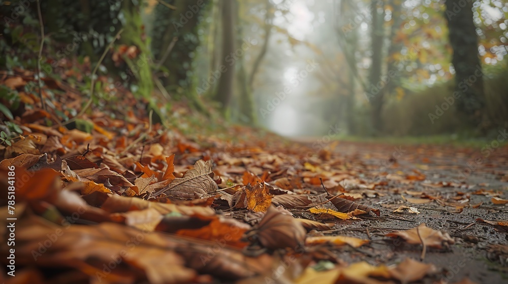 Winding forest path, fallen leaves, close-up of textures, eye-level, misty, early autumn walk Winding forest path, fallen leaves, close-up of textures, eye-level, misty, early autumn walk