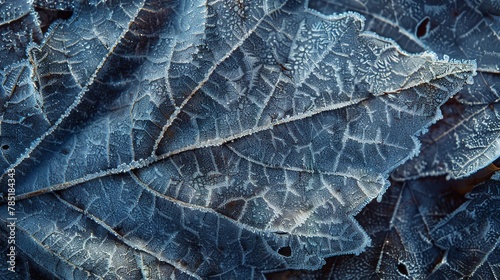 Frost patterns on leaf, abstract close-up, straight-on angle, winter forest, cold dawn light  © Thanthara