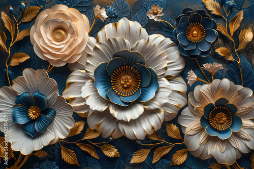 3D wallpaper, large flowers with blue and gold petals on a dark background, in the style of paper art design. Created with Ai