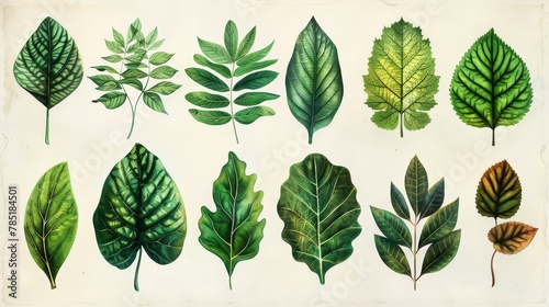 Botanical Illustrations: A photo of a botanical illustration depicting various types of leaves