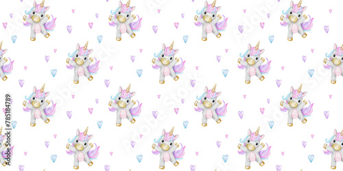 Print of cute little unicorns and hearts. Background of baby ponies. Watercolor hand drawn seamless pattern for children's rooms, goods, clothes, postcards, baby shower and nursery, fabric
