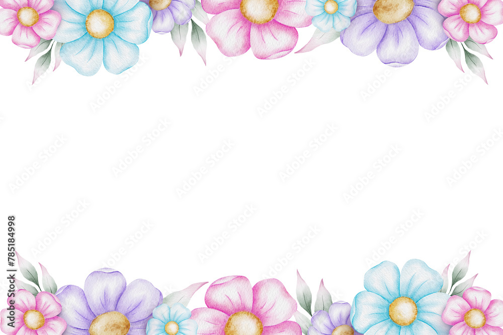 Square frame of purple pink, blue flowers with leaves. Isolated hand drawn watercolor wreath for invitation, wedding, greeting cards, baby shower, Valentine's day Square frame of purple pink, blue flowers with leaves. Isolated hand drawn watercolor wreath for invitation, wedding, greeting cards, baby shower, Valentine's day