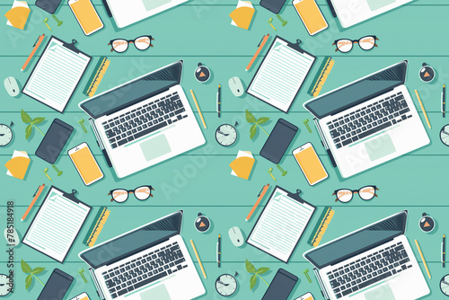 Seamless pattern with office supplies in a flat design on teal background
