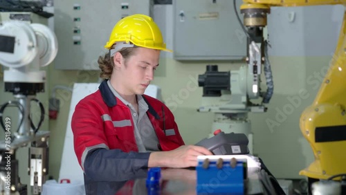 Group of multiethnic engineer researching and developing a robotics arm in scientific technology laboratory. Technician examining Industrial robot machine. Automated and manufacturing factory concepts