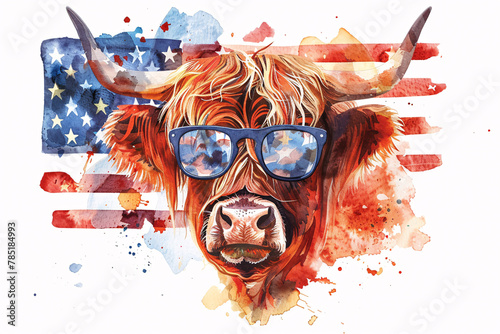 Watercolor painting of a highland cow with star-spangled sunglasses