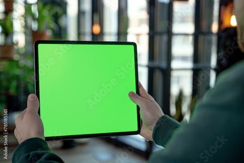App screen over a shoulder of a mature man holding a tablet with an entirely green screen