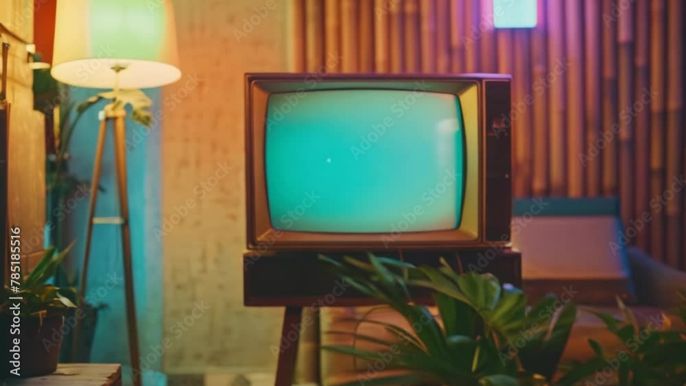 Old retro box tv at cozy living room. Vintage television set. Old fashion tv on wooden table in horizontal position. Home background. Blue neon light screen. 80s atmosphere.
