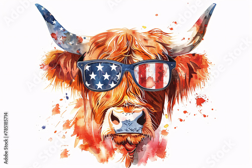 Colorful illustration of a highland cow with American flag sunglasses