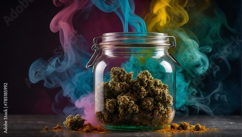 Marijuana flowers in the jar with colorful smoke