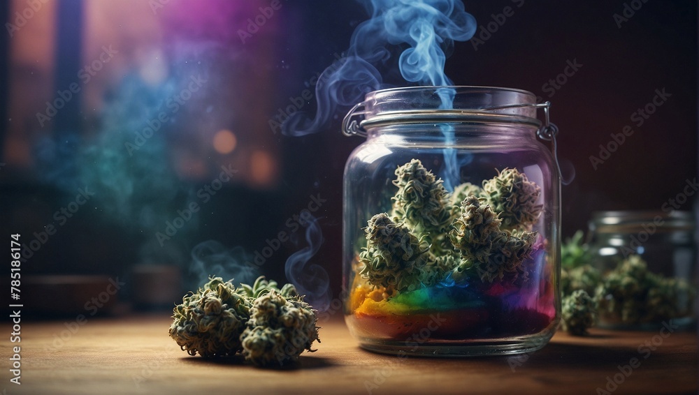 Marijuana flowers in the jar with colorful smoke Marijuana flowers in the jar with colorful smoke