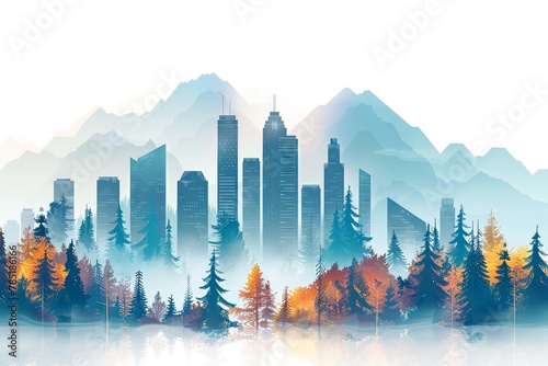 Skyscrapers surrounded by coniferous forest, mountains, animated illustration, white background, copy area
