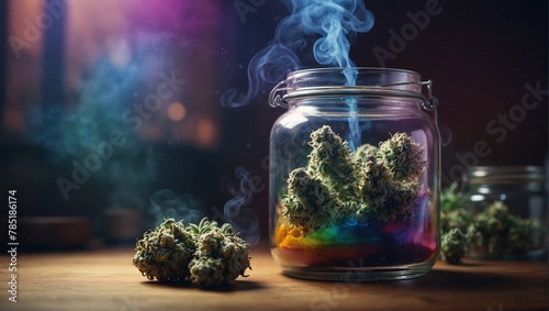 Marijuana flowers in the jar with colorful smoke