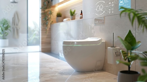 Smart toilet in wide bathroom view  health tech integration  top margin for text