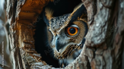 An owl peeking out of a hole in the side of tree. AI. © serg3d