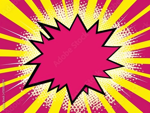 Magenta background with a white blank space in the middle depicting a cartoon explosion with yellow rays and stars