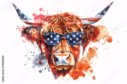 Watercolor illustration of a highland cow with sunglasses american style