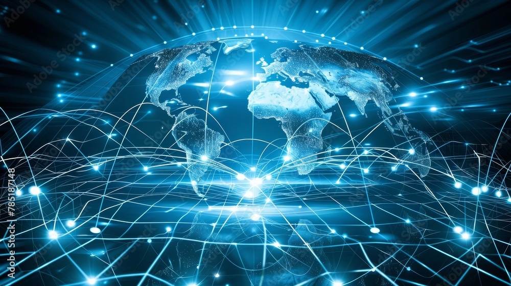 Global Connections: A photo of digital devices like laptops and smartphones connected by network lines Global Connections: A photo of digital devices like laptops and smartphones connected by network lines