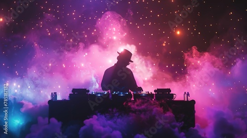 A DJ mixing tracks amidst a sea of glowing neon lights and swirling fog, as partygoers lose themselves in the immersive experience of a high-energy DJ night surrounded by vibrant colors.