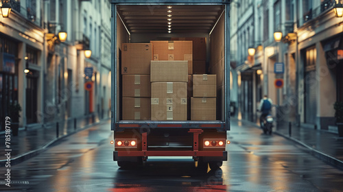 Truck filled with boxes, moving out concept, spacious background for copy