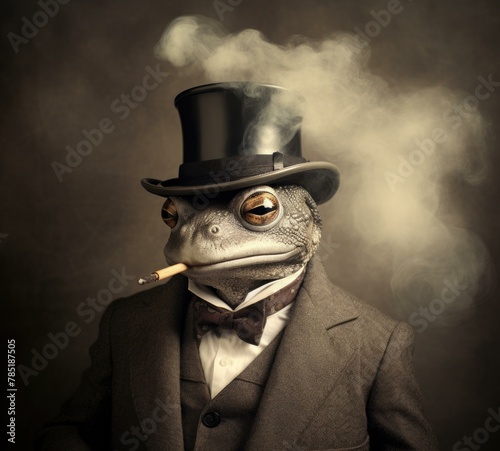 A lizard man in a top hat smoking with smoke coming out of his mouth. AI.