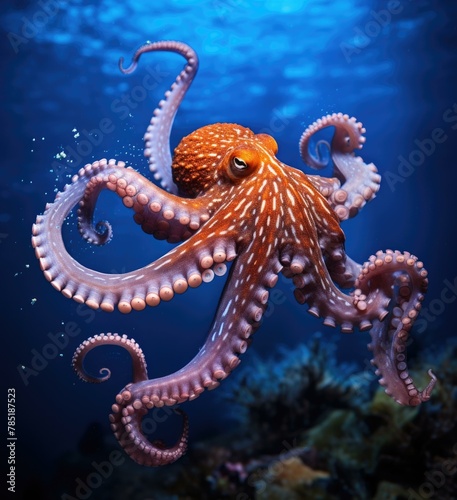 An octopus swimming in the ocean with a blue background. AI.