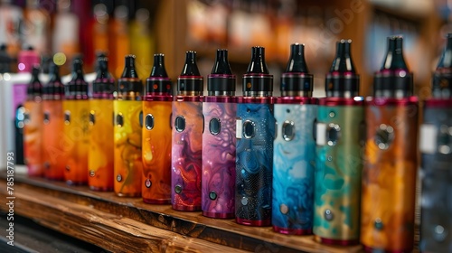 Array of Colorful Vapes on Display Highlighting Flavor Choices. Concept Colorful Vapes, Flavor Choices, Display, Array, Highlight