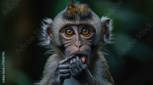 A monkey with a yellow and black mohawk sticking its tongue out. AI.