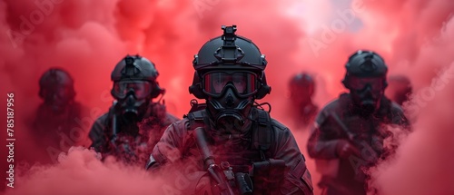 SWAT Team in Strategic Formation Amidst Red Smoke. Concept Police Training, Tactical Maneuvers, Team Coordination, Intense Drills, Red Smoke Deployment photo