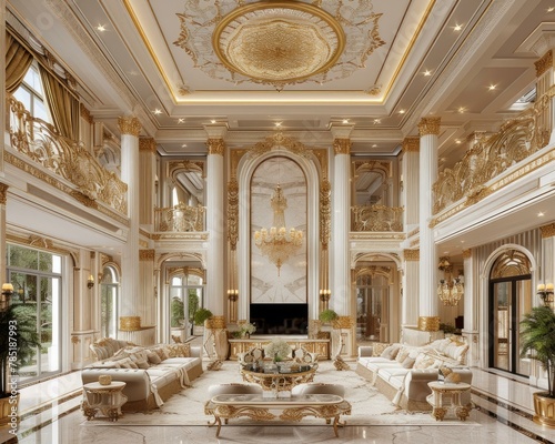 A fancy living room with a chandelier and gold decor. AI.