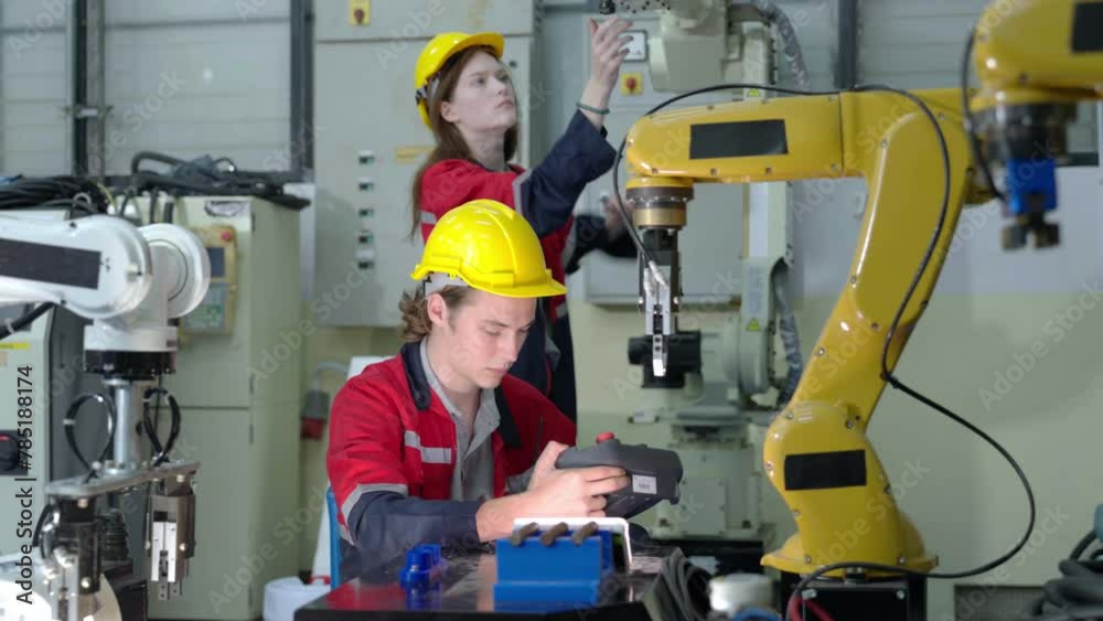 Group of multiethnic engineer researching and developing a robotics arm in scientific technology laboratory. Technician examining Industrial robot machine. Automated and manufacturing factory concepts Group of multiethnic engineer researching and developing a robotics arm in scientific technology laboratory. Technician examining Industrial robot machine. Automated and manufacturing factory concepts