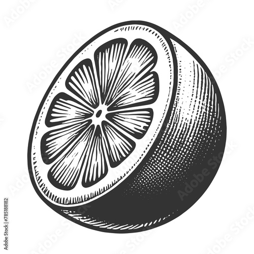 citrus fruit orange lemon half with detailed engraving, textured rind and juicy segments sketch engraving generative ai raster illustration. Scratch board imitation. Black and white image. photo