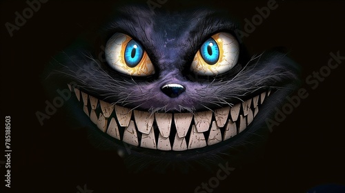 Close up of Cheshire Cats head with electric blue eyes