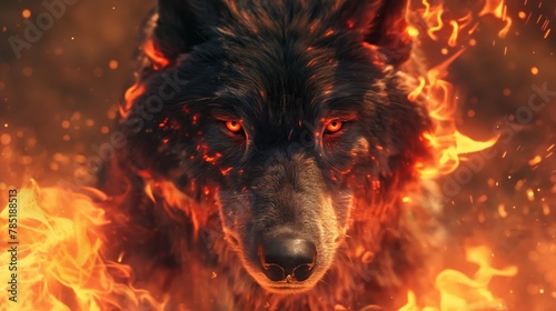 A carnivorous Canidae with red eyes, resembling a wolf, amid flames photo