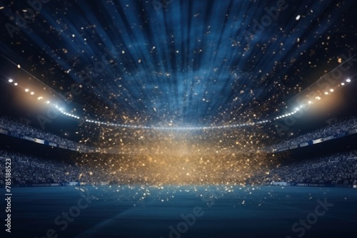 Indigo background, football stadium lights with gold confetti decoration, copy space for advertising banner or poster design