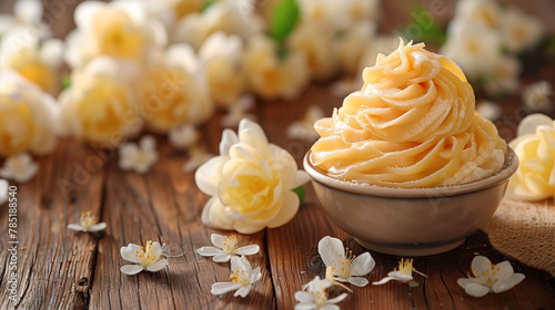 A bowl of creamy jasmine-scented dessert surrounded by fresh jasmine flowers on a wooden table.