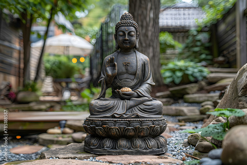 Serene Buddha statue in a peaceful garden setting  The ancient buddha statue in the forest