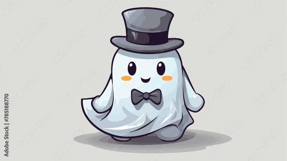 Grey cute ghost with bow tie on white background
