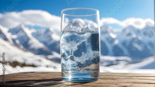 A clear glass filled with alpine water that can be drunk against a backdrop of snow-covered peaks. The notion of consuming mineral water photo