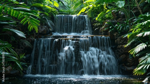 Tropical Leaves  A photo of a tropical waterfall surrounded by lush greenery and leafy plant