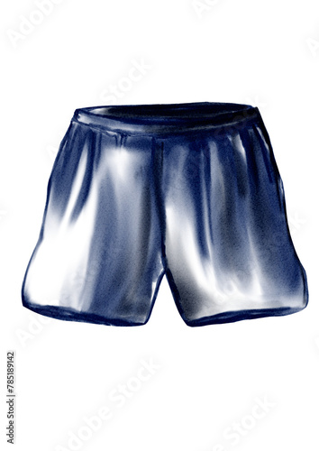 Sports shorts with elastic. Football or soccer.llustration in watercolor style. Sketch illustration. White and blue color. Transparent background. Use for stickers, posters, posters, prints on fabric.