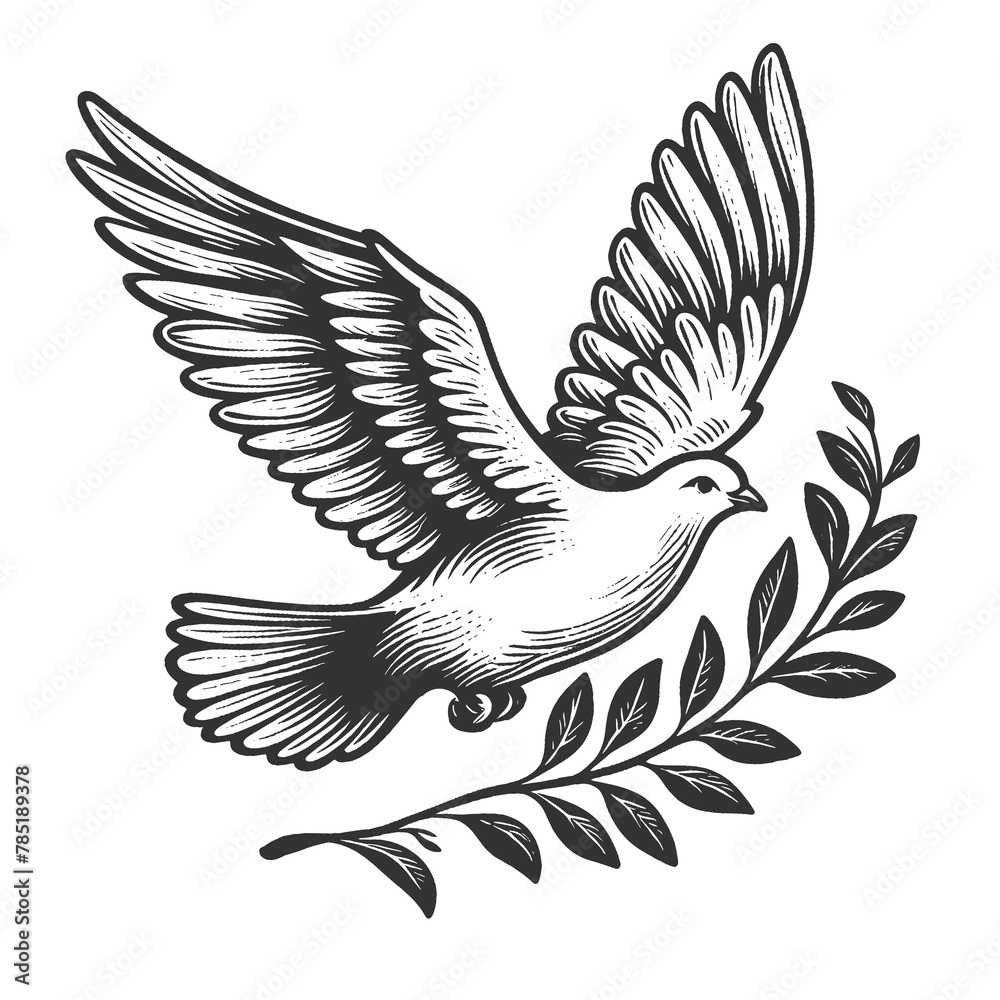 dove in flight, carrying an olive branch, symbolizing peace and harmony sketch engraving generative ai fictional character raster illustration. Scratch board imitation. Black and white image.