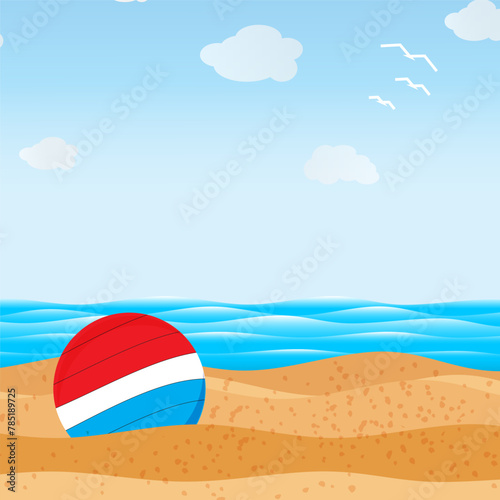 Summer leisure. Voleyball ball laying on the beach near ocean.