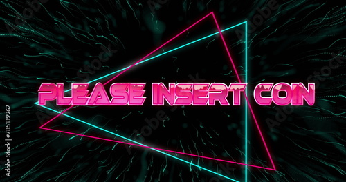 Image of please insert coin text in metallic pink letters with triangles over fireworks photo