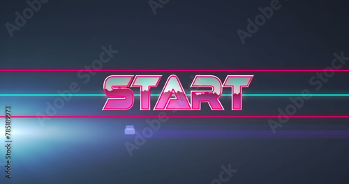 Image of start text in metallic pink letters with lines over glowing light