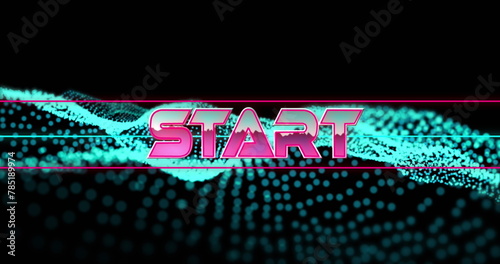 Image of start text in metallic pink letters with lines over green glowing mesh